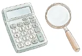 不動産の査定価格を計算する電卓と虫眼鏡のイラスト